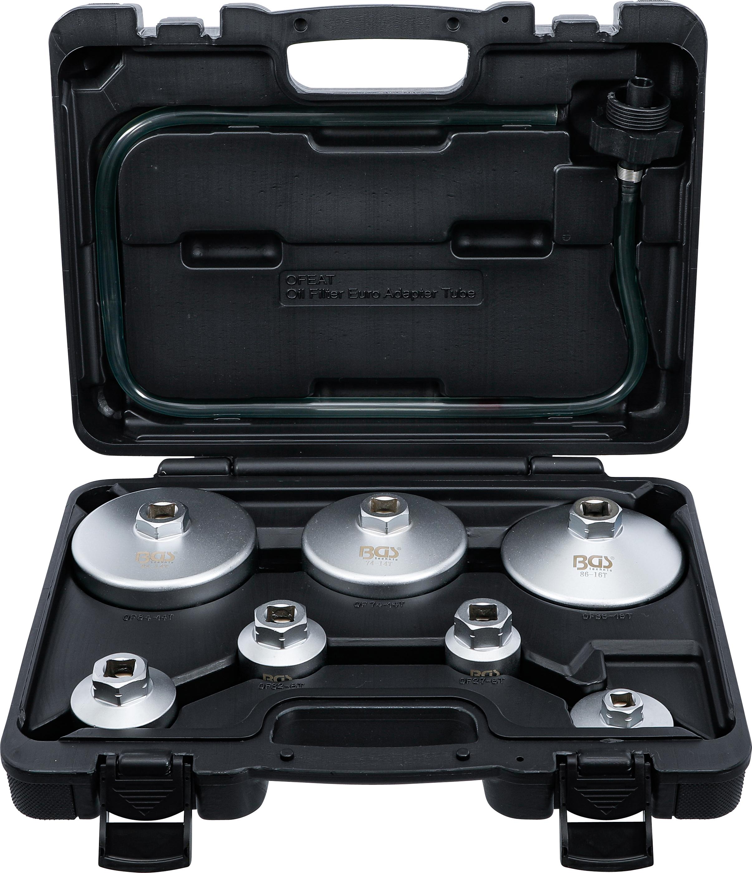 Ölfilterschlüssel-Satz | mit Ölfilter-Ablassschlauch | für VAG, BMW, Citroën, Peugeot, Ford, Mercedes-Benz, Opel, Volvo | 8-tlg. BGS72054