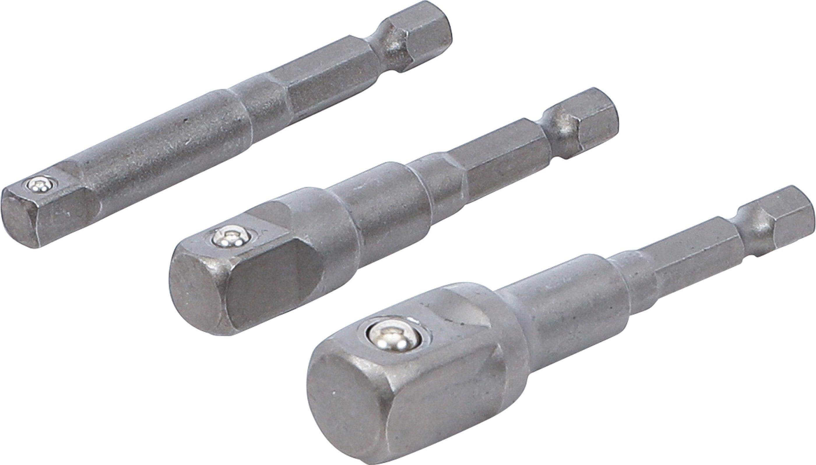Adapter-Satz für Bohrmaschinen | Außensechskant Antrieb 6,3 mm (1/4") | Abtrieb Außenvierkant 6,3 mm (1/4"), 10 mm (3/8"), 12,5 mm (1/2") | 3-tlg. BGS9685