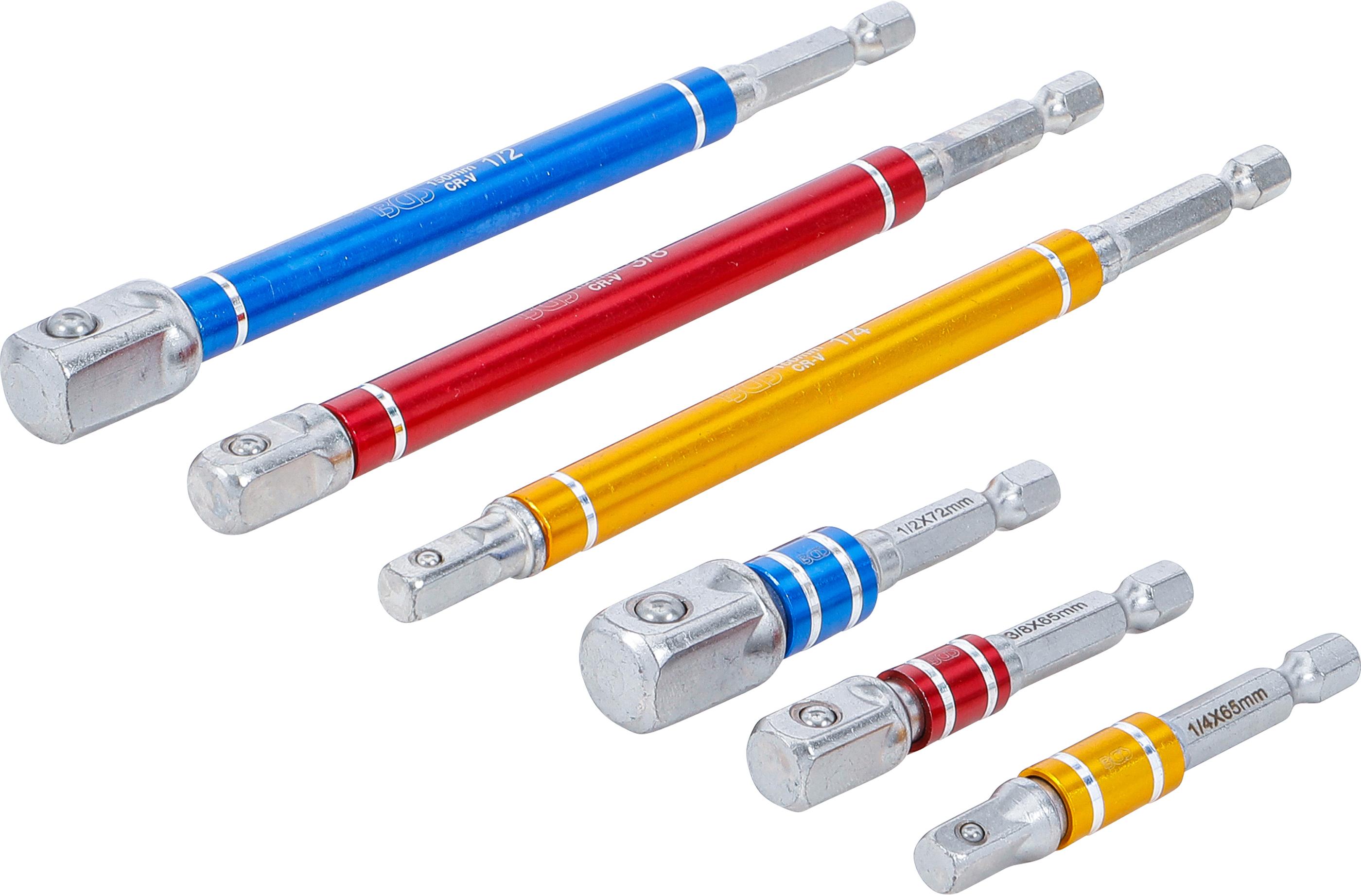 Adapter-Satz für Bohrmaschinen | farbig | Antrieb Außensechskant 6,3 mm (1/4") | Abtrieb Außenvierkant 6,3 mm (1/4"), 10 mm (3/8"), 12,5 mm (1/2") | 75 - 150 mm | 6-tlg. BGS74424