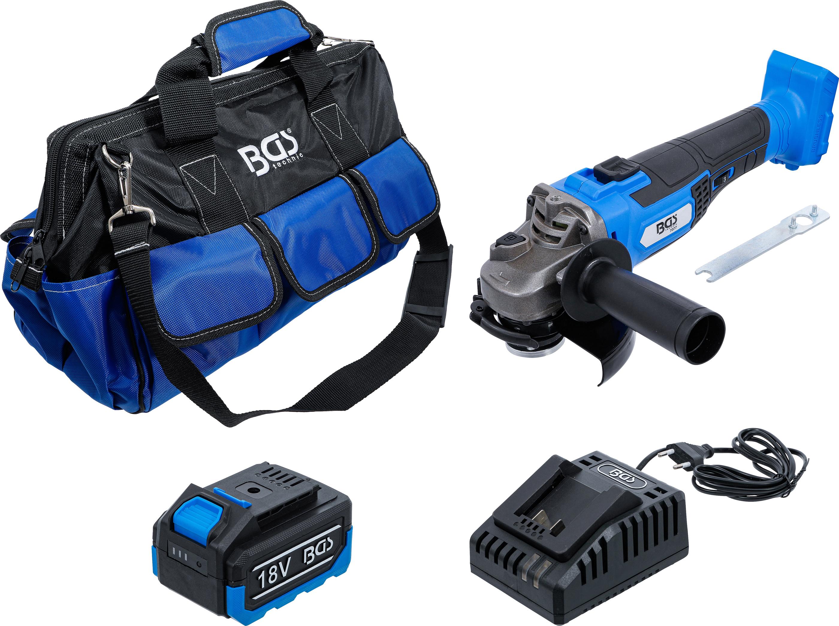 Akku-Winkelschleifer-Satz | bürstenlos | 18 V | mit Akku und Schnell-Ladegerät BGS7396