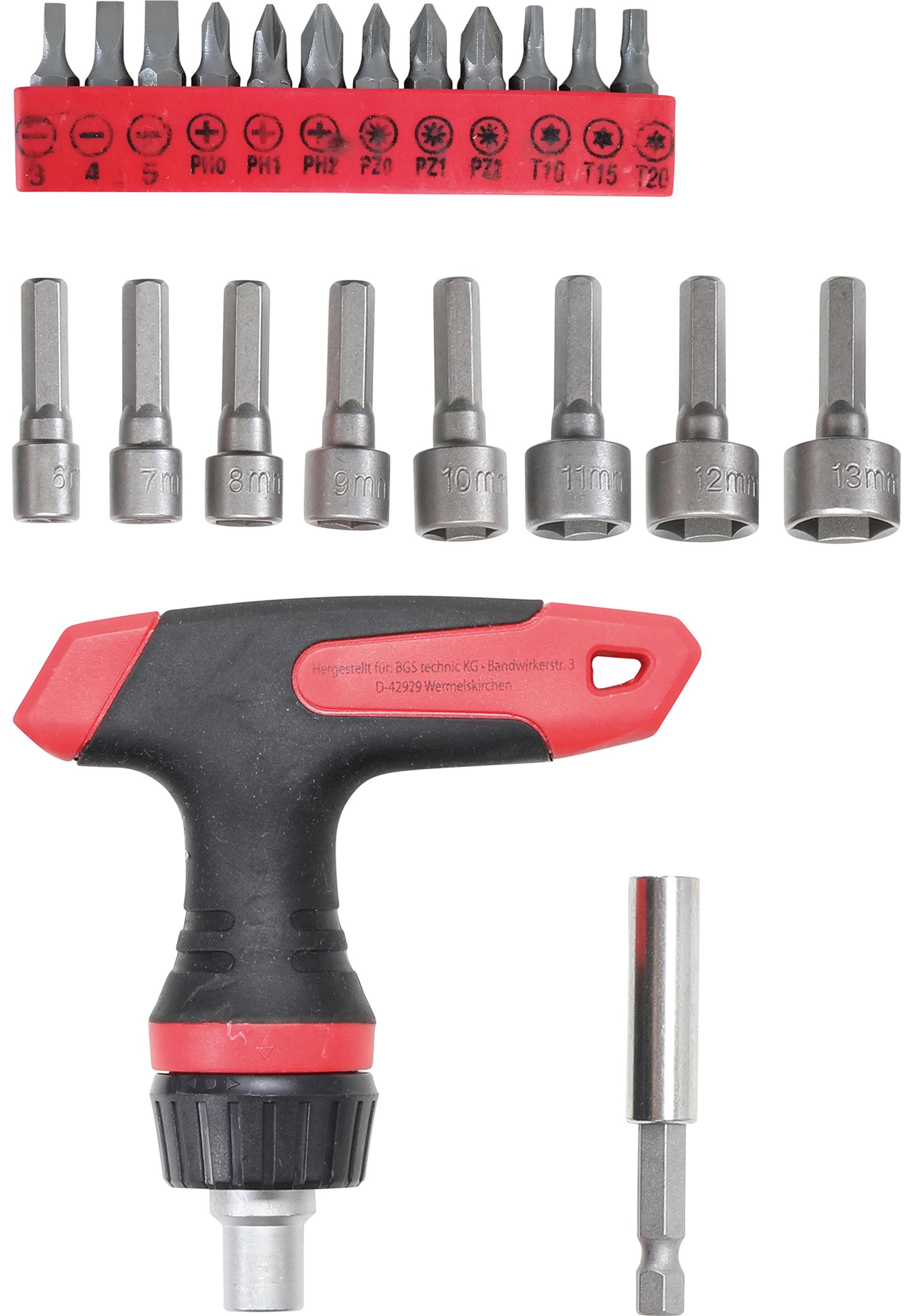 Bit-/Steckschlüssel-Einsatz-Satz | mit Ratschen-T-Griff für Bits, umschaltbar | 22-tlg. BGS20122