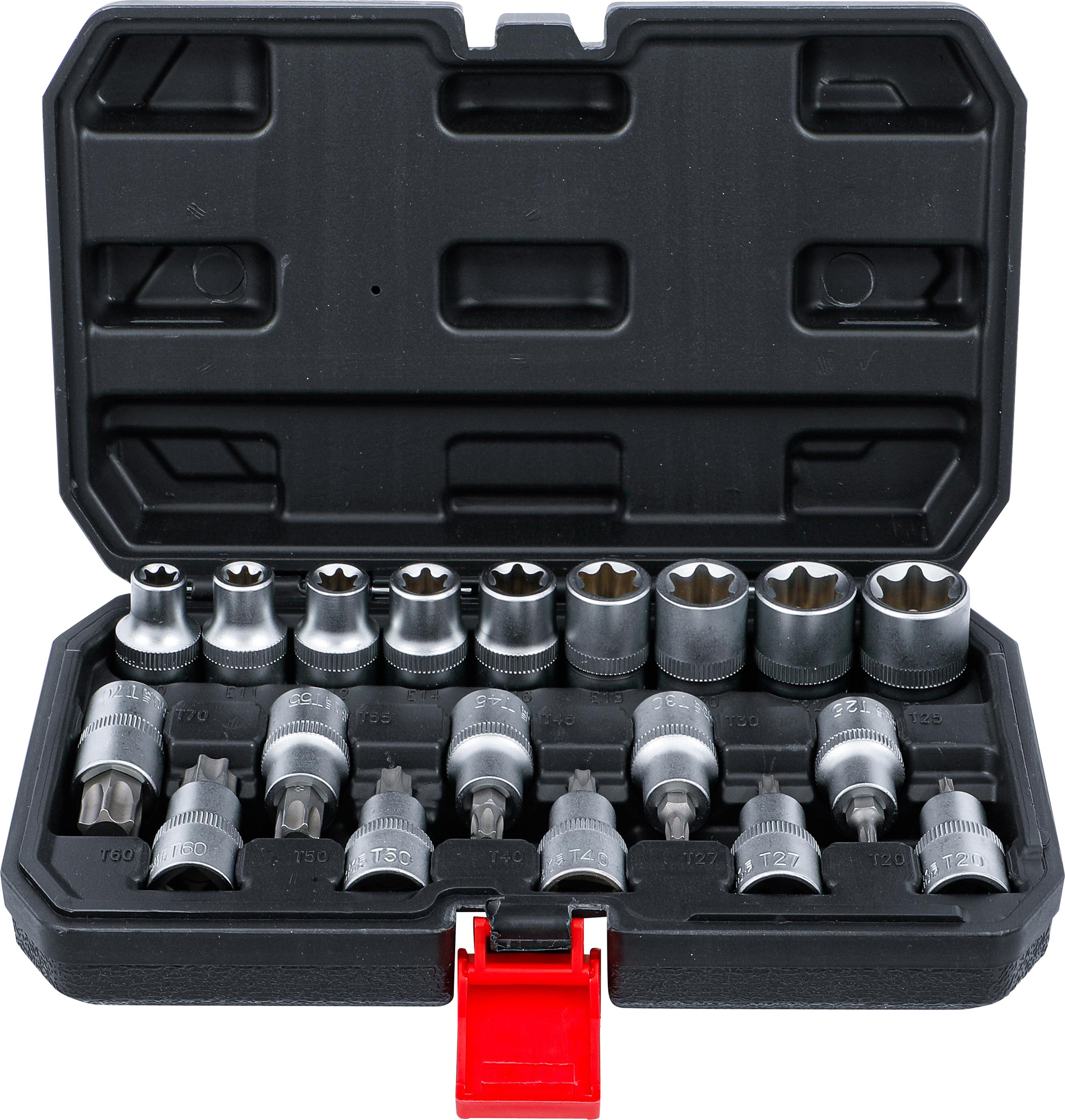 Bit-Einsatz-/Steckschlüssel-Satz | Antrieb Innensechskant 12,5 mm (1/2") | T-Profil (für Torx) / E-Profil | 19-tlg. BGS95100