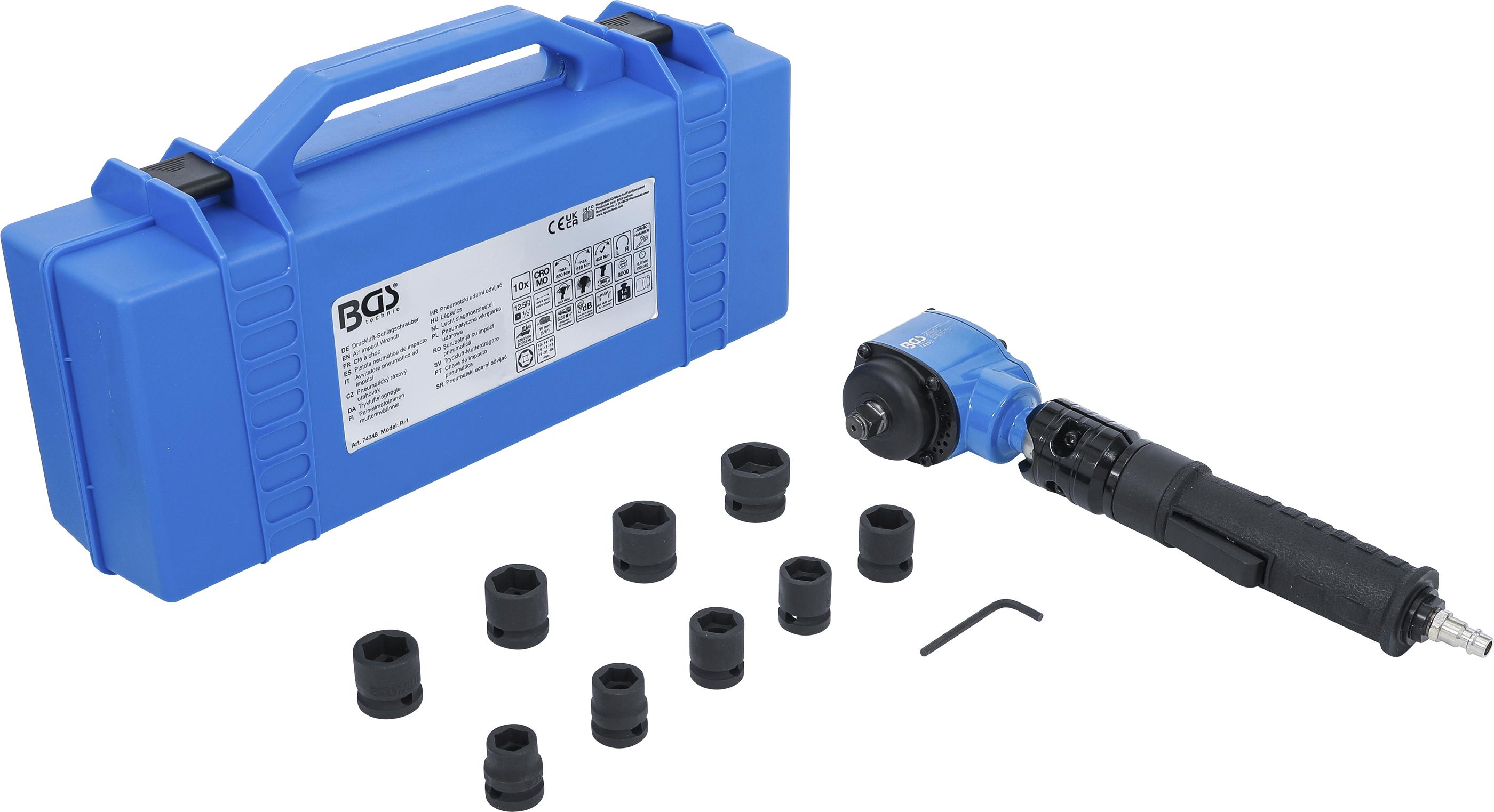 Druckluft-Schlagschrauber | abgewinkelt & Kraft-Steckschlüssel-Satz | 12,5 mm (1/2") | 650 Nm | 10-tlg. BGS74348
