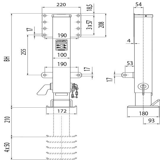 Fallstütze FS 075, Bedienung links, Bauhöhe 730 mm, mit T-Fuß 178481166 Suer