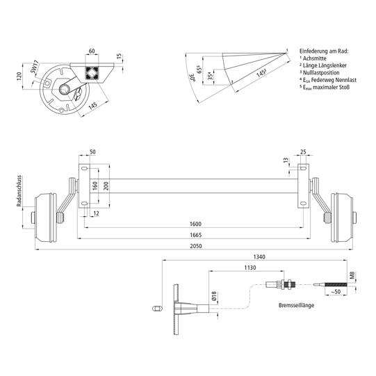 Gummifederachse GFA 1350 - 5/67/112, mit Bremse, 1600 mm AM 120318061 Suer