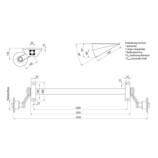 Gummifederachse GFA 1350 K - 5/67/112, ohne Bremse, 1200 mm AM 120318428 Suer