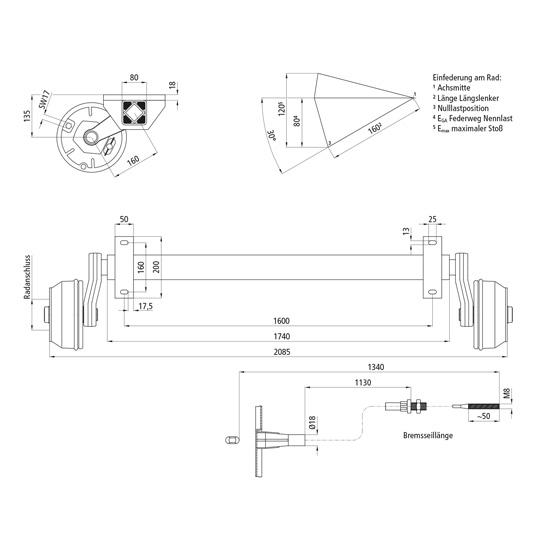 Gummifederachse GFA 1580 - 5/67/112, mit Bremse, 1600 mm AM 120318266 Suer