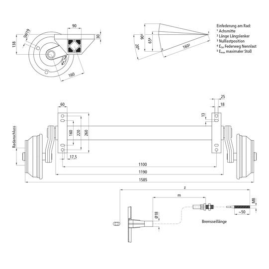 Gummifederachse GFA 1880 - 5/67/112, mit Bremse, 1100 mm AM 120318271 Suer