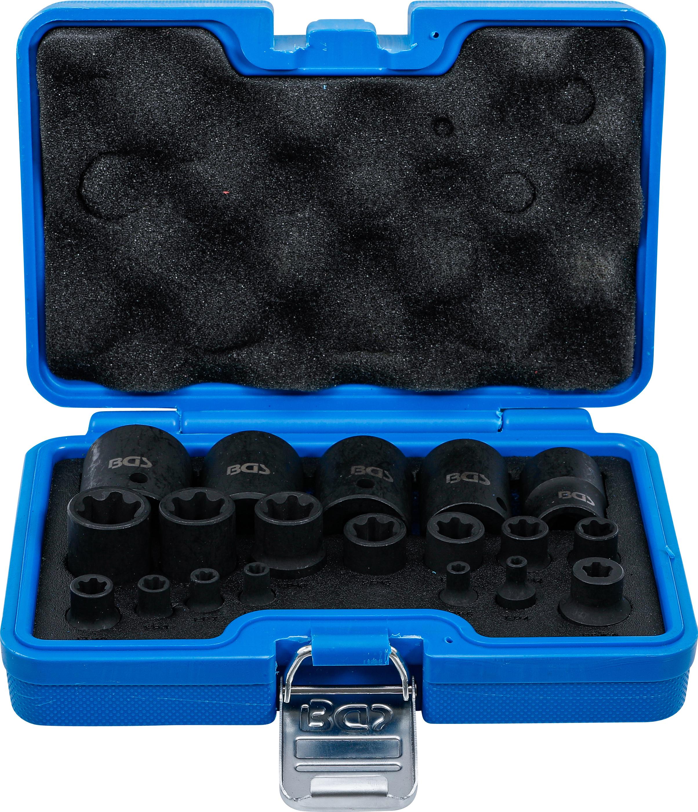 Kraft-Steckschlüssel-Einsatz-Satz | E-Profil Plus | Antrieb Innenvierkant 6,3 mm (1/4"), 10 mm (3/8"), 12,5 mm (1/2") | SW EP4 - E32 | 19-tlg. BGS74554