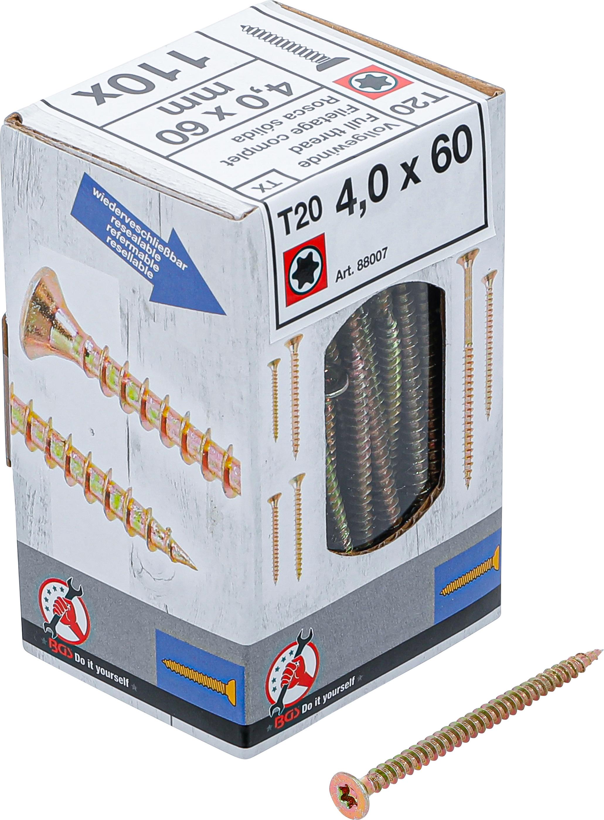 Mehrzweckschrauben | T-Profil (für Torx) T20 | 4,0 x 60 mm | 110 Stück BGS88007