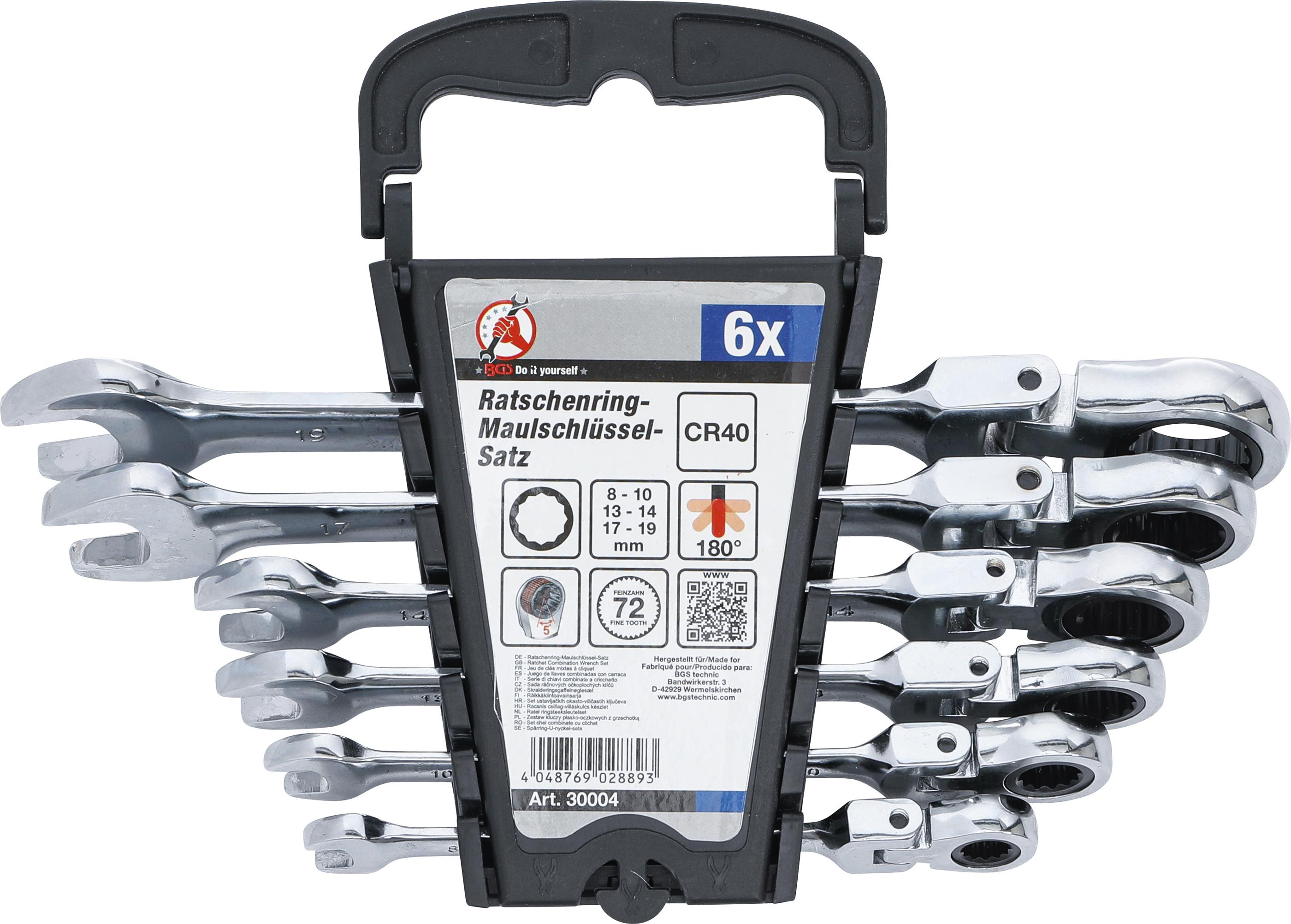 Ratschenring-Maulschlüssel-Satz | flexible Köpfe | SW 8 - 19 mm | 6-tlg. BGS30004
