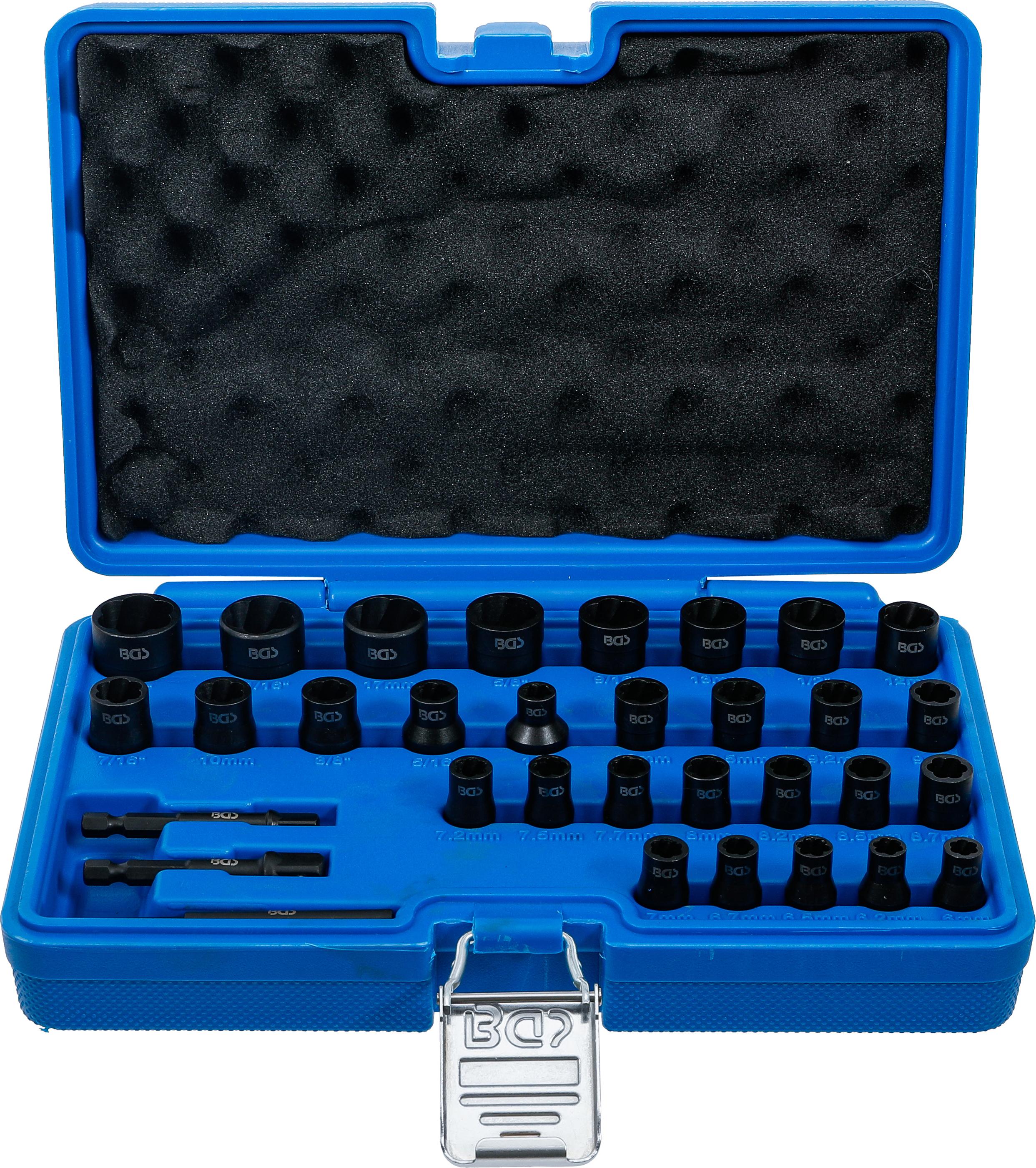 Spiral-Profil-Steckschlüssel-Satz / Schraubenausdreher | Antrieb Innenvierkant 6,3 mm (1/4") / 10 mm (3/8") | Metrisch und Zollgrößen | 32-tlg. BGS74560