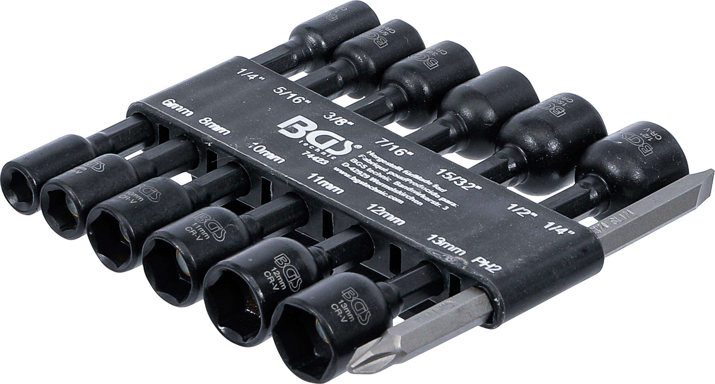 Steckschlüssel-Einsatz-Satz Sechskant | Antrieb Außensechskant 6,3 mm (1/4") | für Bohrmaschinen | SW 1/4 - 1/2", 6 - 13 mm | 14-tlg. BGS74423