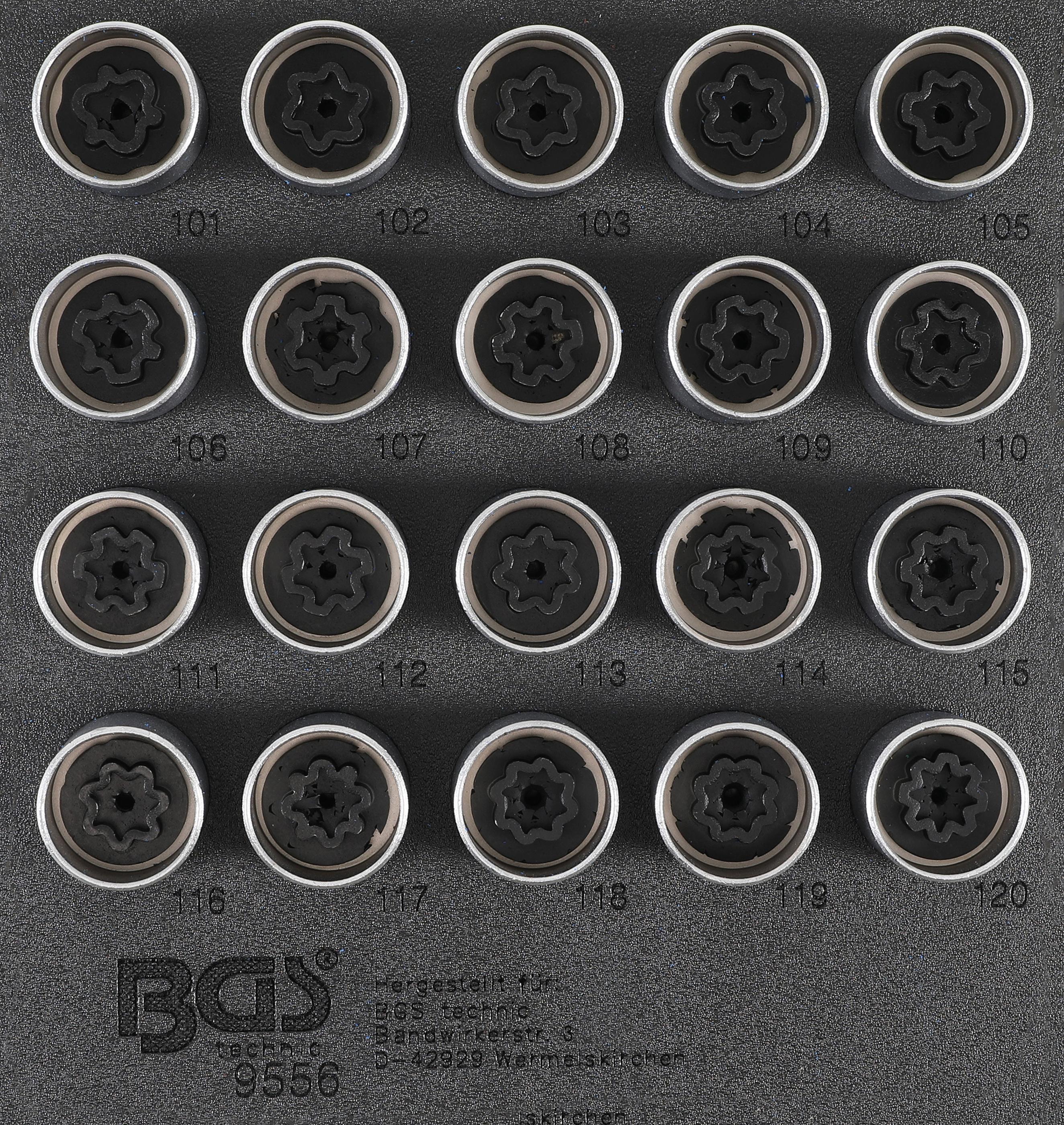 Werkstattwageneinlage 1/6: Felgenschloss-Werkzeug-Satz für Opel (Typ A) | 20-tlg. BGS9556