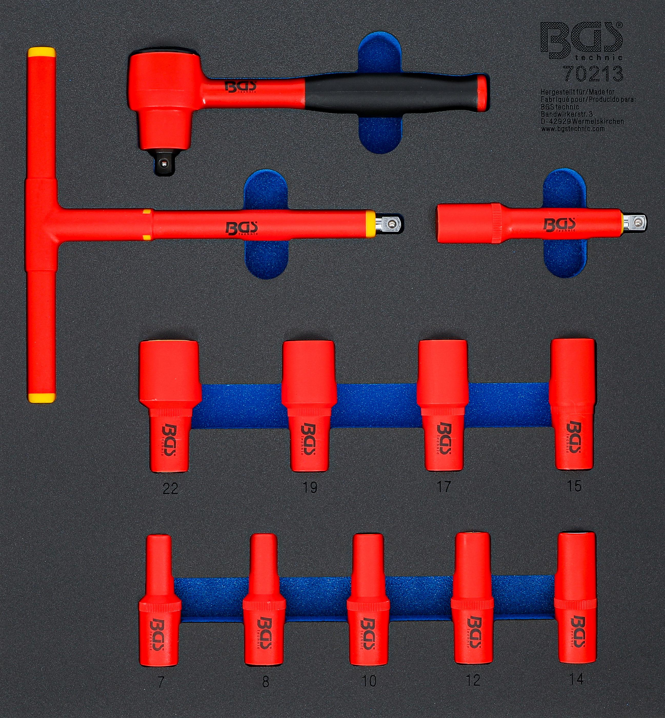 Werkstattwageneinlage 2/3: VDE-Steckschlüssel-Satz | Antrieb Innenvierkant 10 mm (3/8") | SW 7 - 22 mm | 12-tlg. BGS70213