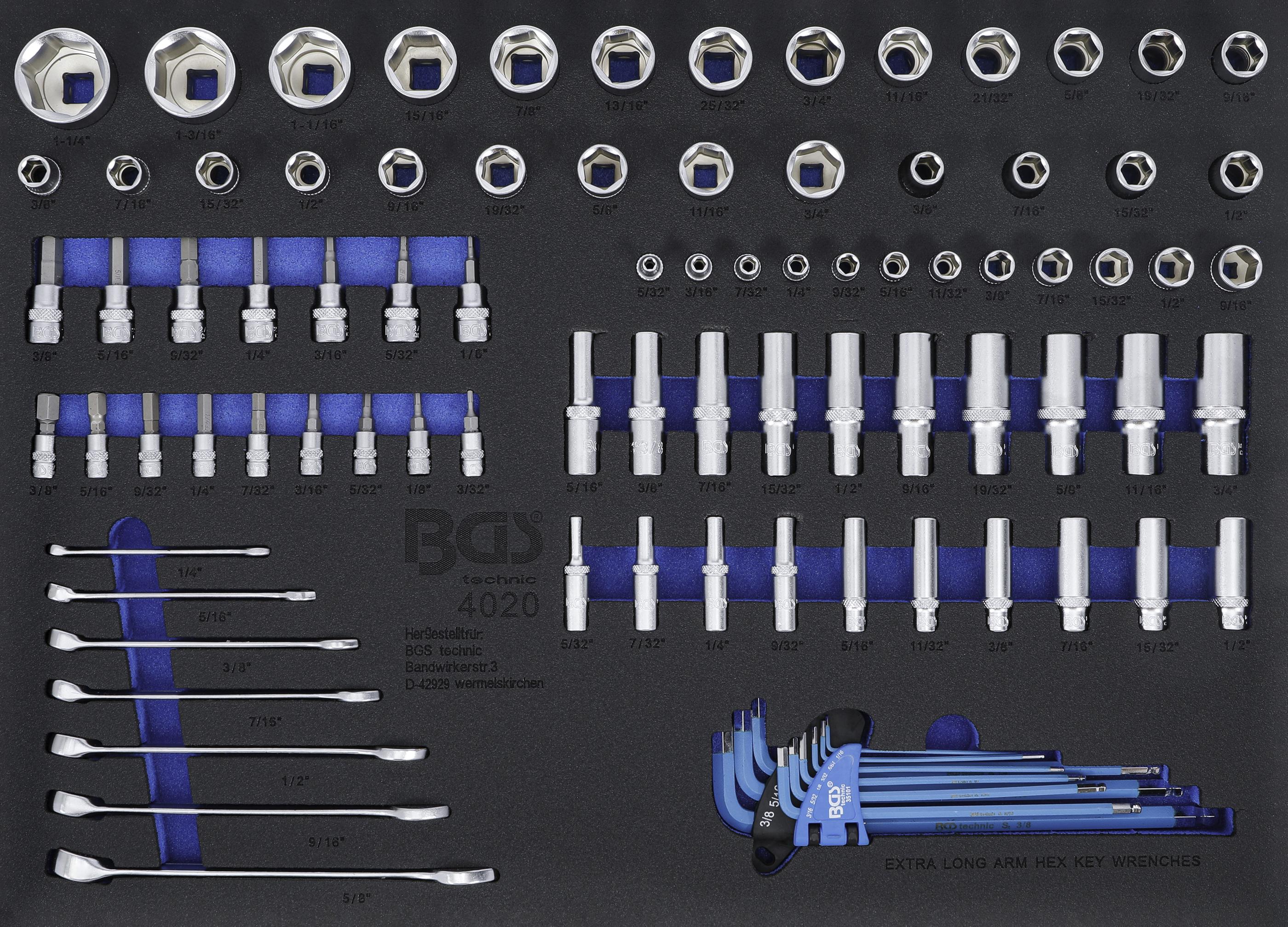 Werkstattwageneinlage 3/3: Steckschlüssel-Einsätze / Maul-Ringschlüssel | Zollgrößen | 90-tlg. BGS4020