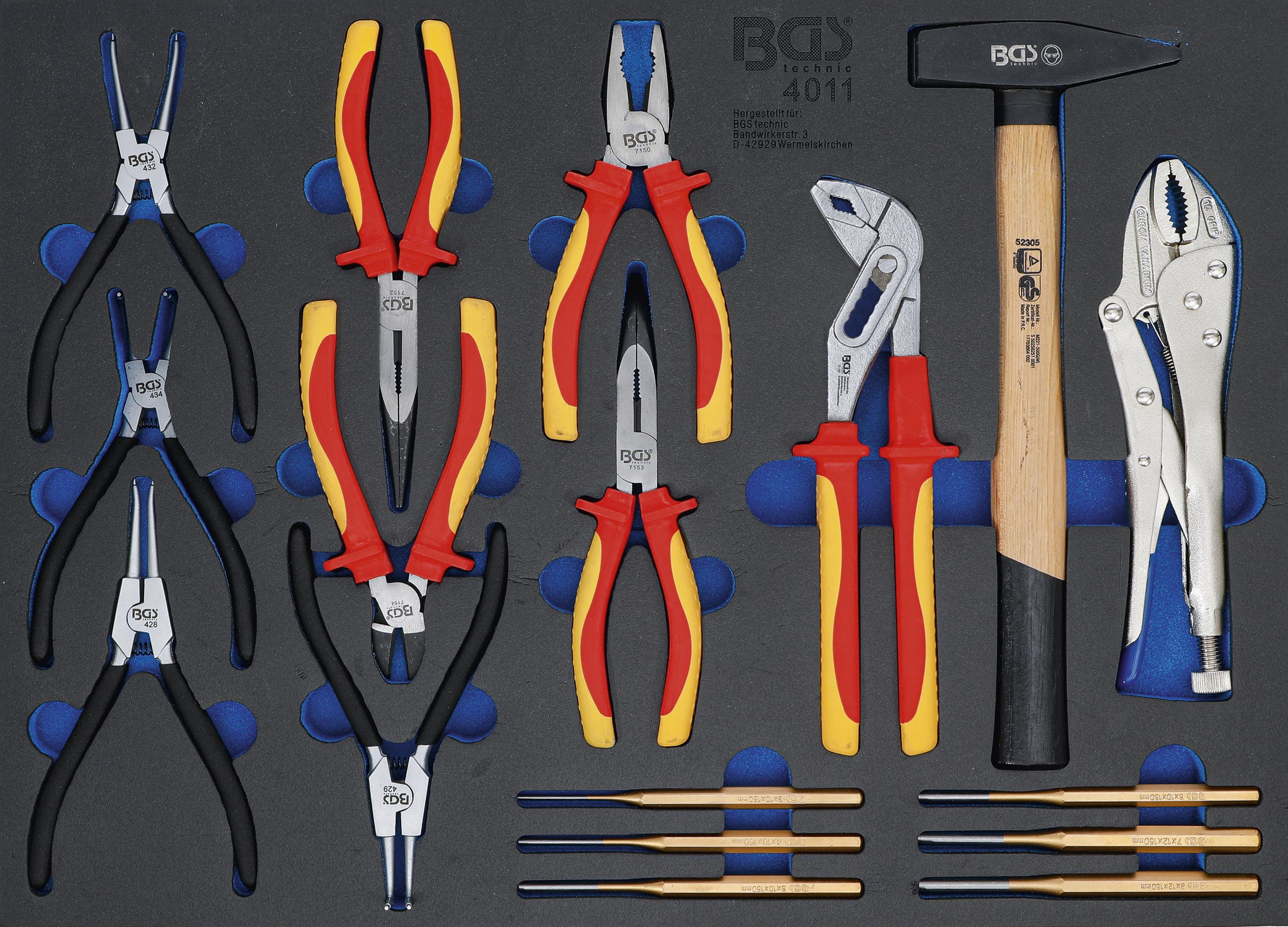 Werkstattwageneinlage 3/3: Zangen-, Splintentreiber-Satz, Hammer | 17-tlg. BGS4011